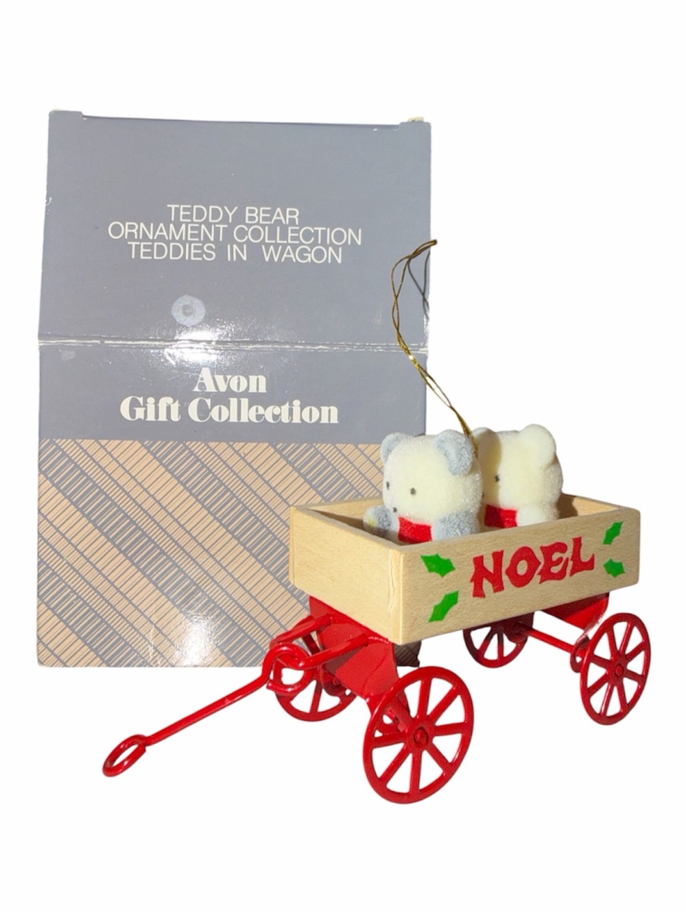 Avon Noel Teddy Wagon Ornament - Red, Cream, Green